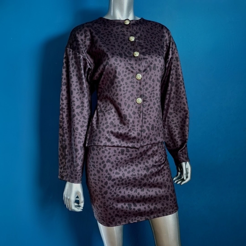ASOS DESIGN Balloon Sleeve 1980s Mini Skirt Set in Plum Animal Print // (NWOT)